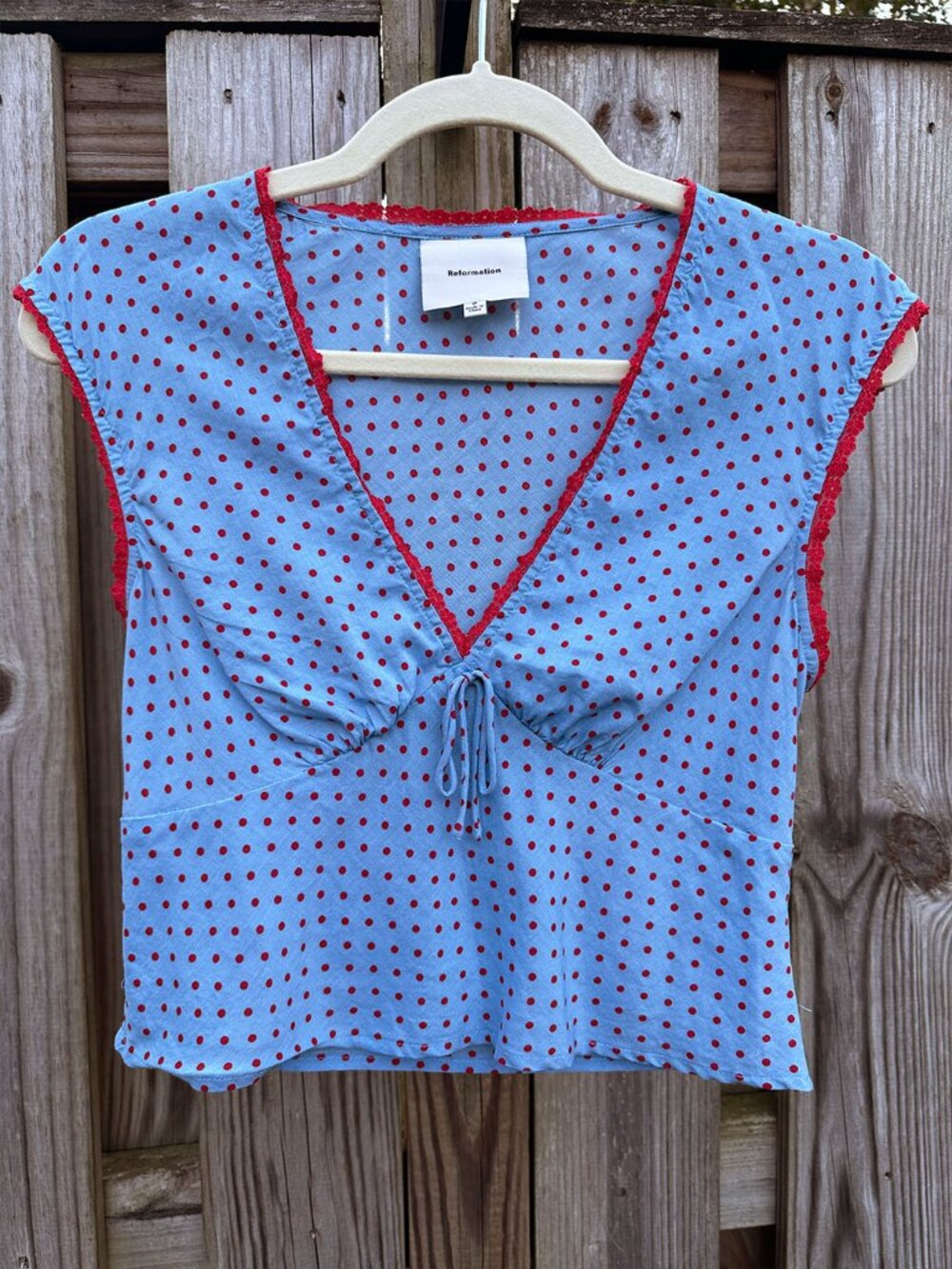 Reformation Cherry Top Summertime Dot Blue Polka Dot 0